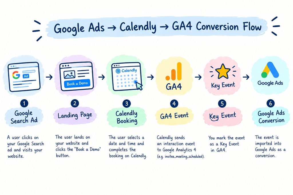 Google Search Ad
↓
Landing Page
↓
Calendly Booking
↓
GA4 Event
↓
Key Event
↓
Google Ads Conversion