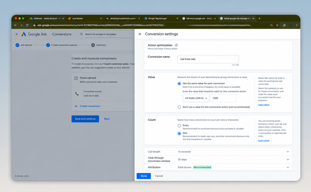Google Ads conversion settings panel showing value count and attribution options